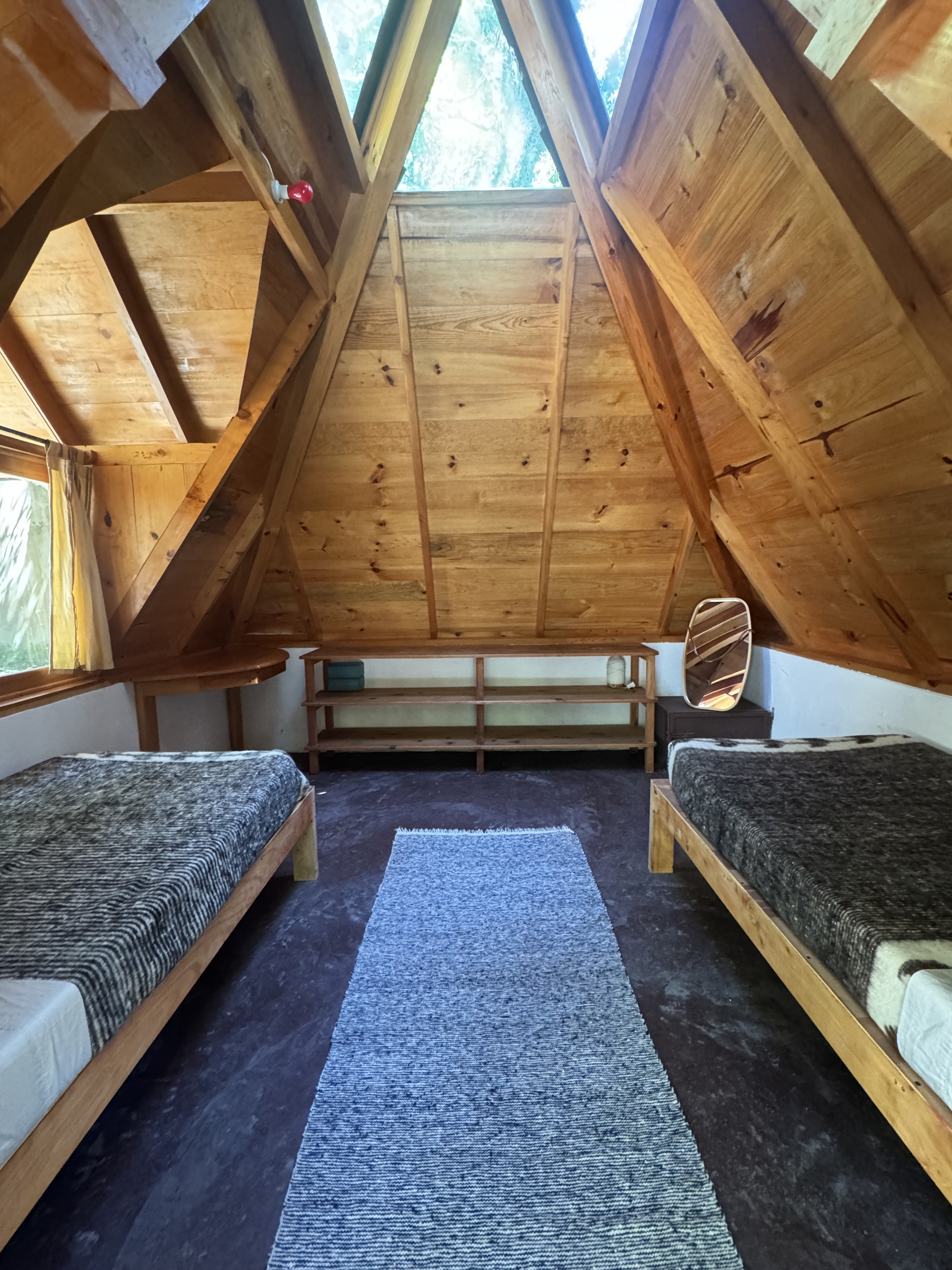 First pyramid cabin — double-twin beds, A-frame design